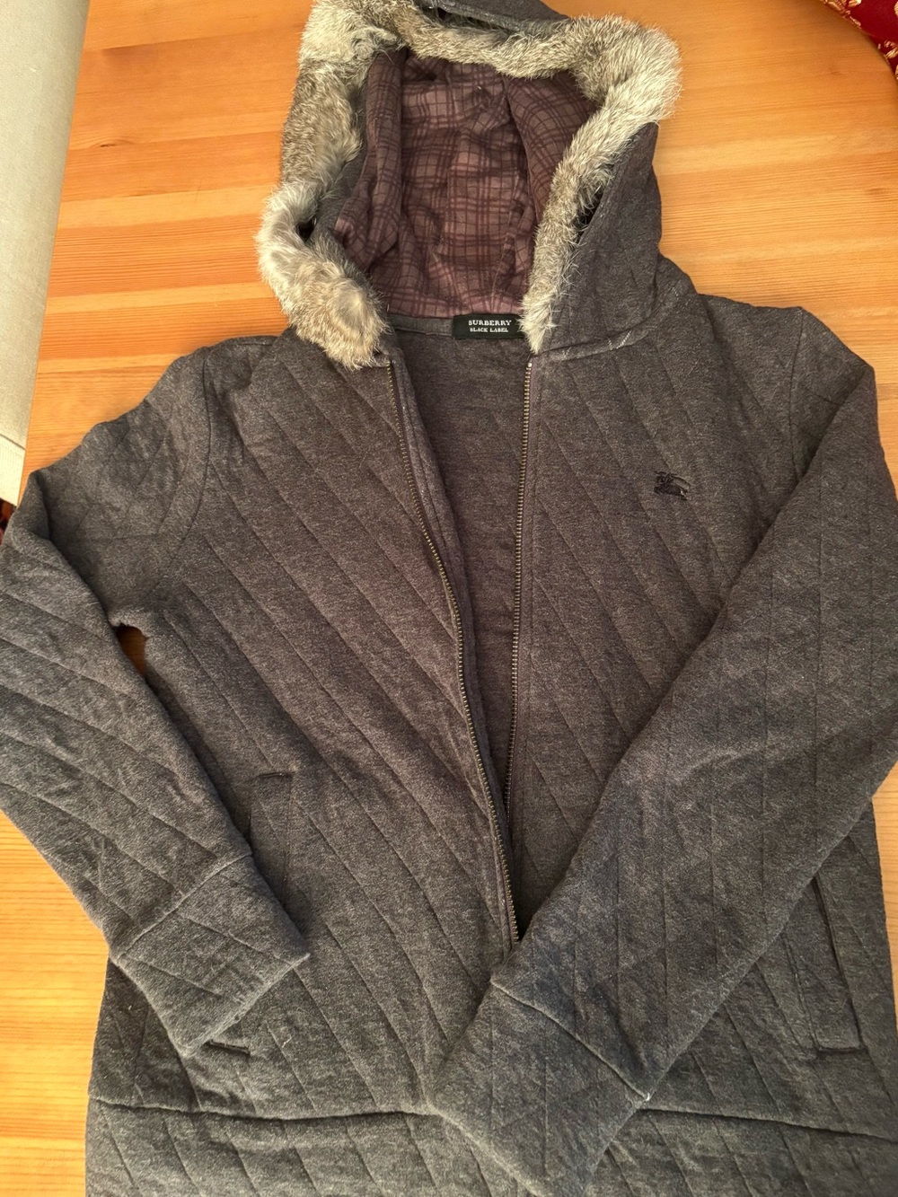 Burberry Men's Quilted Hooded Puffer in Charcoal Gray with Faux Fur Trim